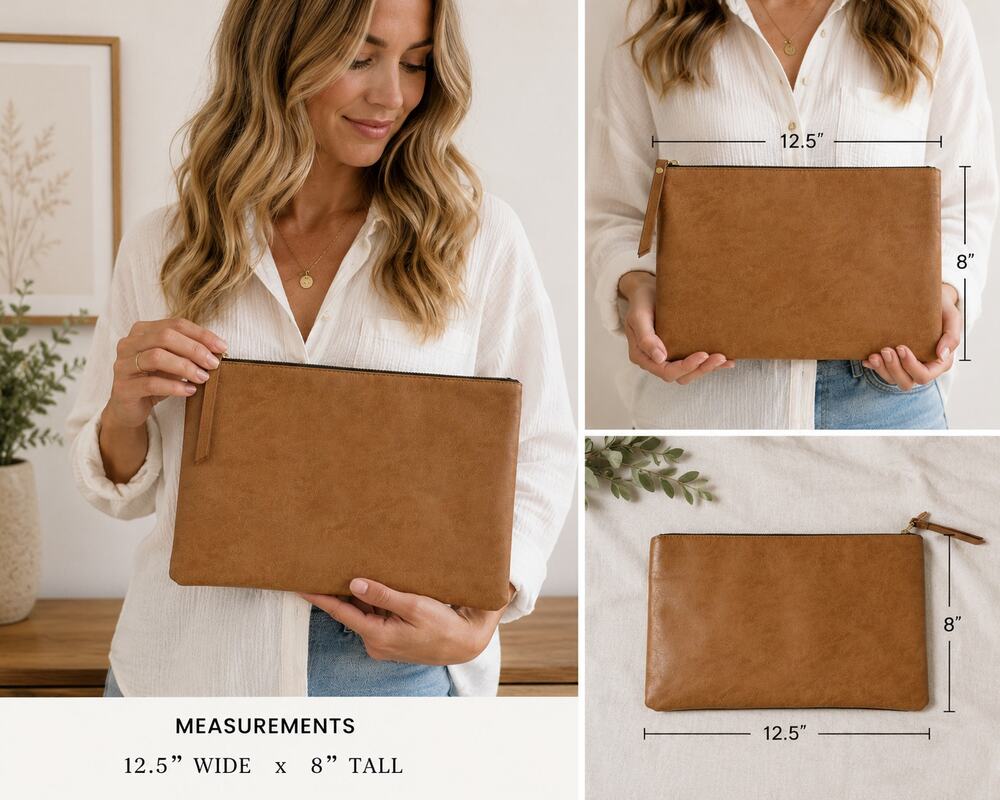 Vegan Leather Cosmetic Pouch Tan Zip Clutch Travel Makeup Organizer Bag NWT